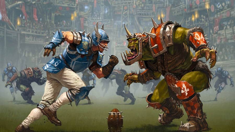 Screenshot of Blood Bowl 2 showing a turn-based match between orcs and elves.