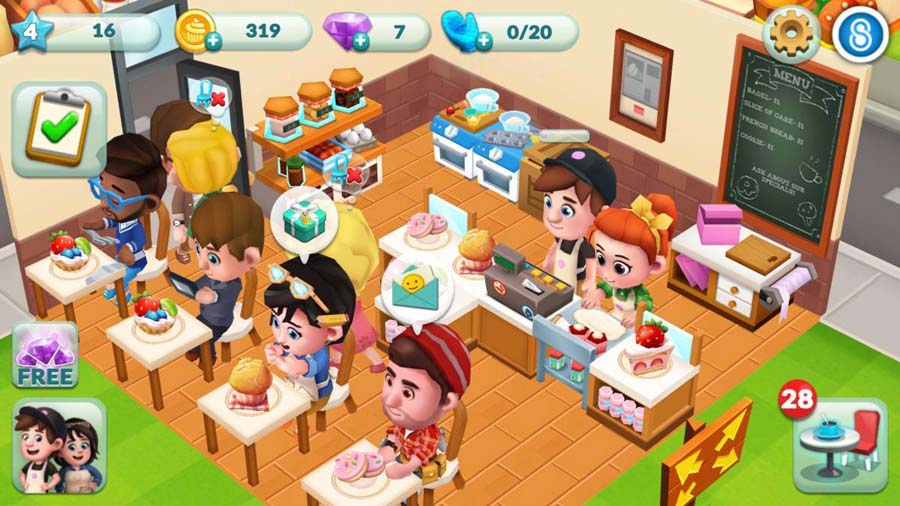 in game Picture of Bakery Story 2 with its characters, One of best cooking games for android.