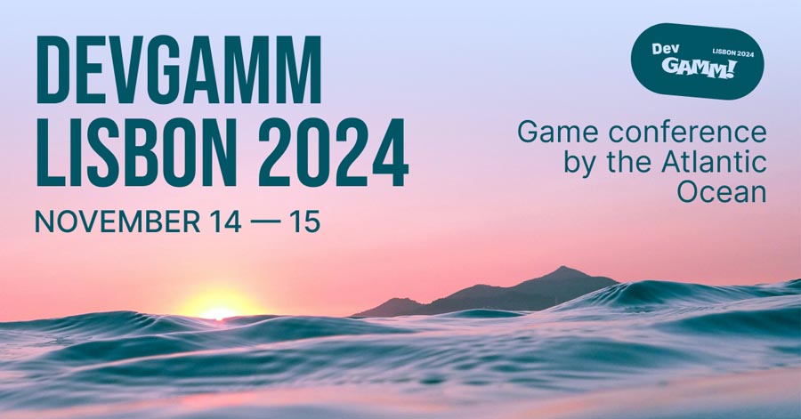 A poster of the DevGAMM Lisbon 2024 game conference.