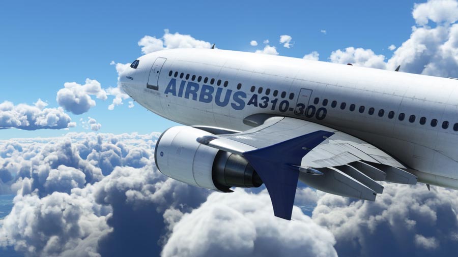 The Official Picture of Microsoft Flight Simulator with an Airbus airplane in the big blue sky.