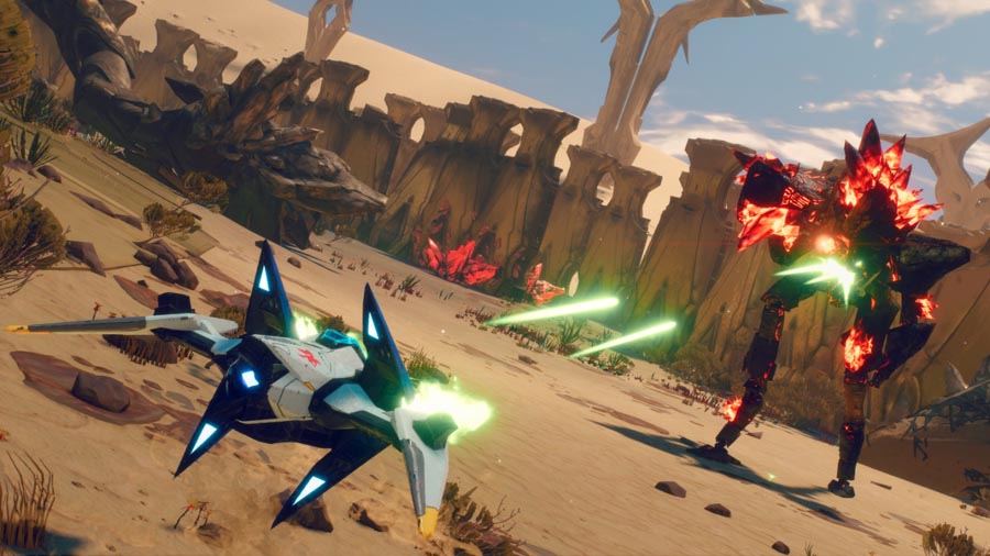 The Official Picture of Starlink: Battle for Atlas showing an aerial fight in a desert environment.