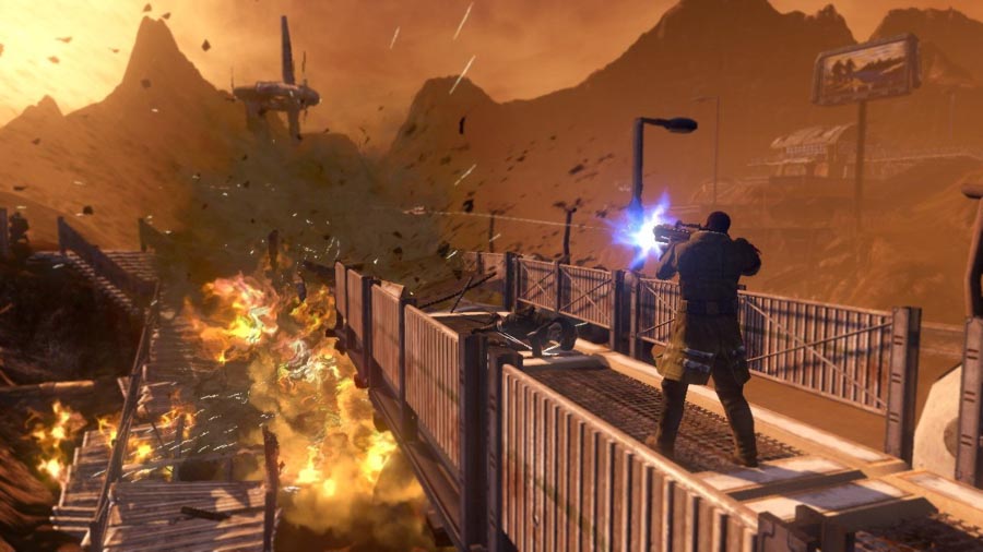 The Official Picture of Red Faction: Guerrilla Re-Mars-Tered that shows a fierce battle on Mars.