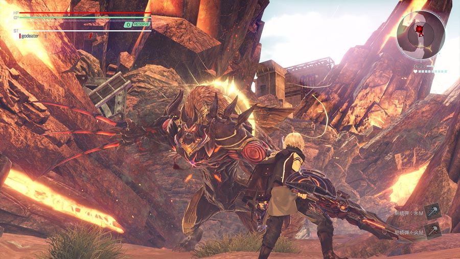 The Official Picture of God Eater 3 shows the main character in a battle with a huge monster.